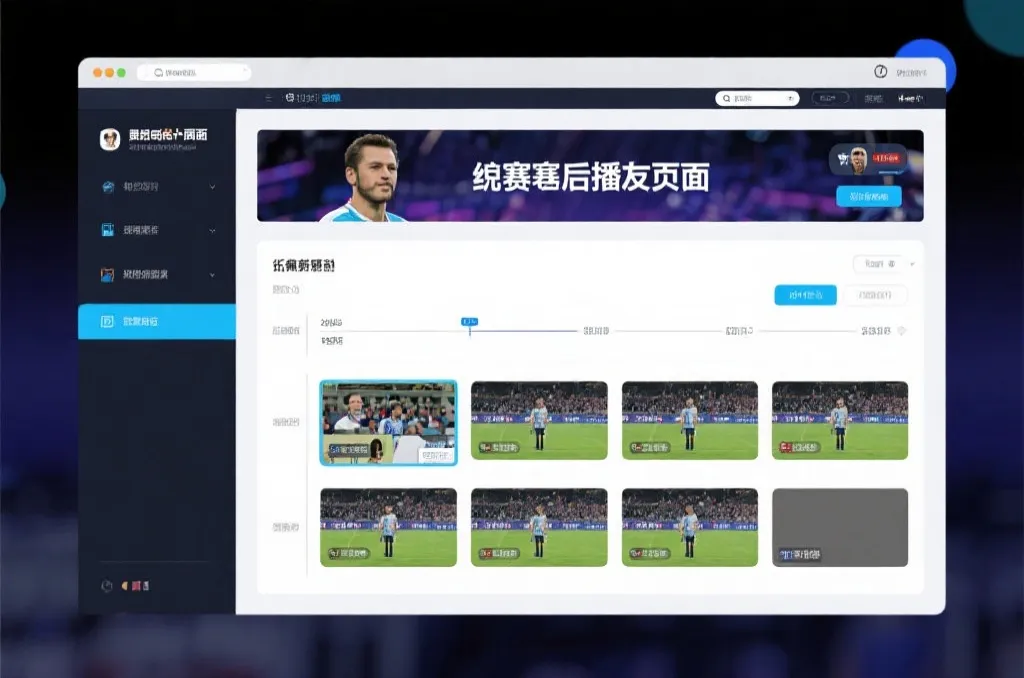 比赛结束后，电视屏幕展示集锦回放页面，旁边有时间轴和多角度切换提示